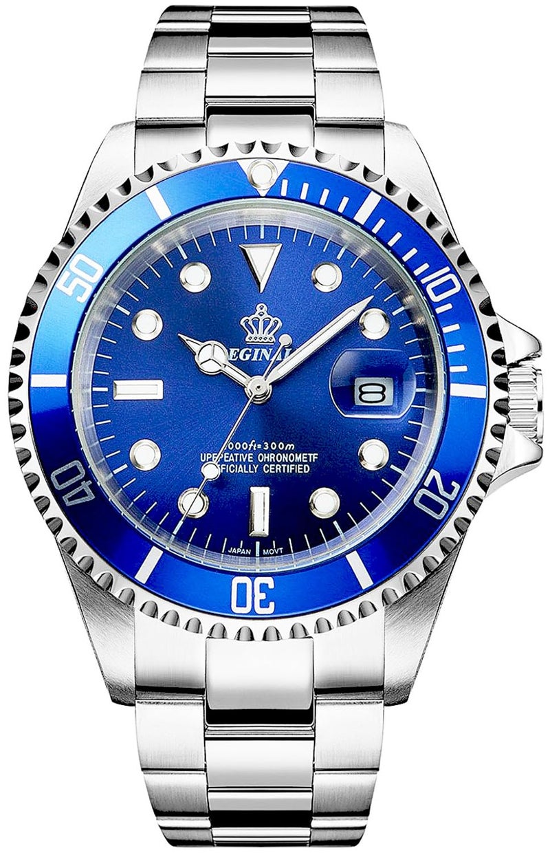 Reginald Men's Watch Luminous Quartz Rotatable Bezel Sapphire Glass Silver Stainless Steel Band and Case Waterproof Sports Blue Watch